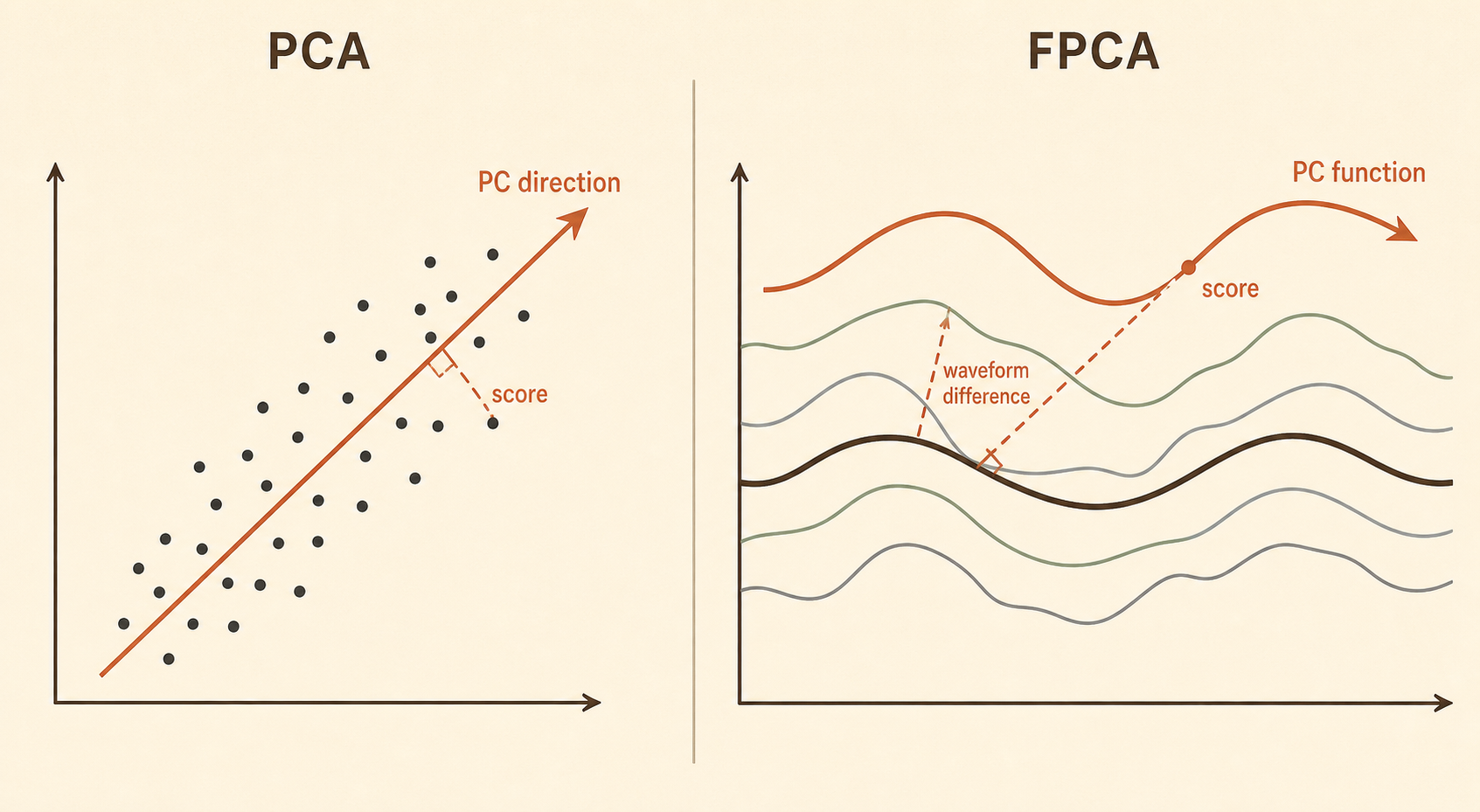 通常のPCAとFPCAを、点の雲と波形の図で対比した概念図